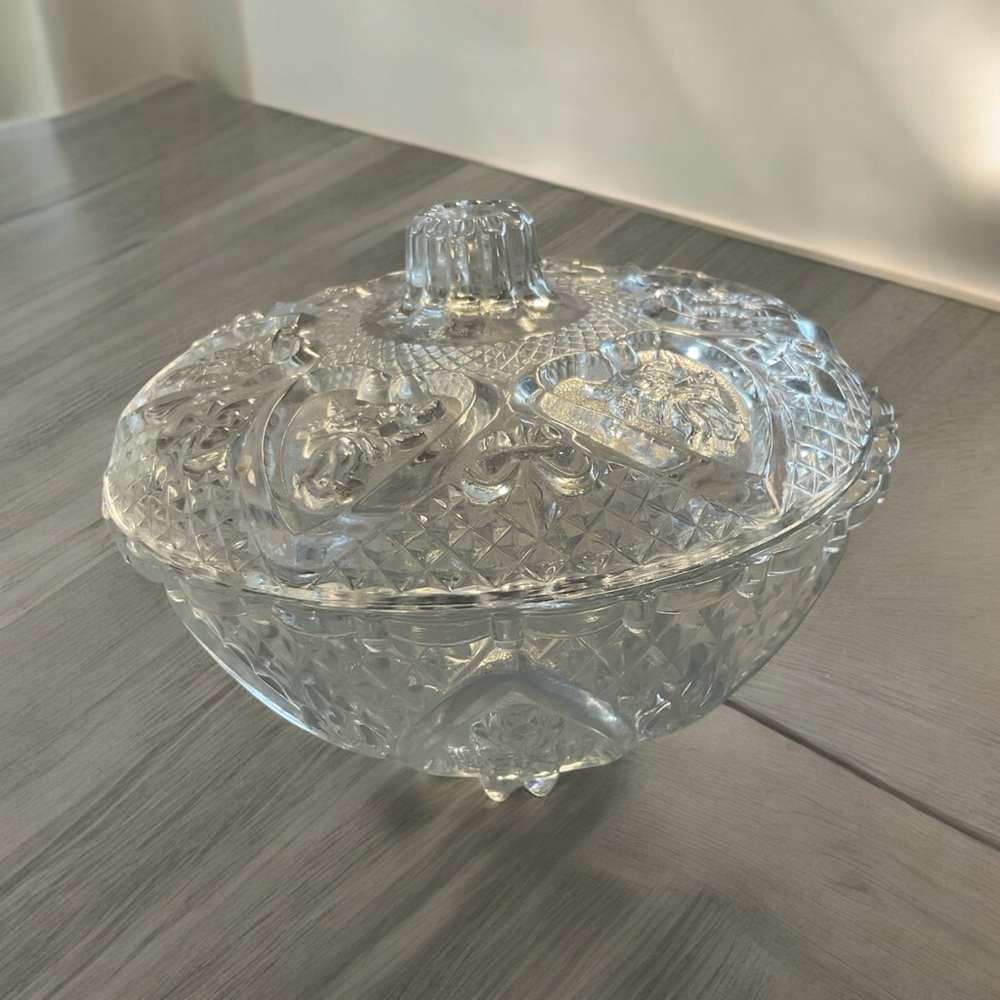 Vintage Elegant Clear Cut Glass KIG Malaysia Candy dish with lid